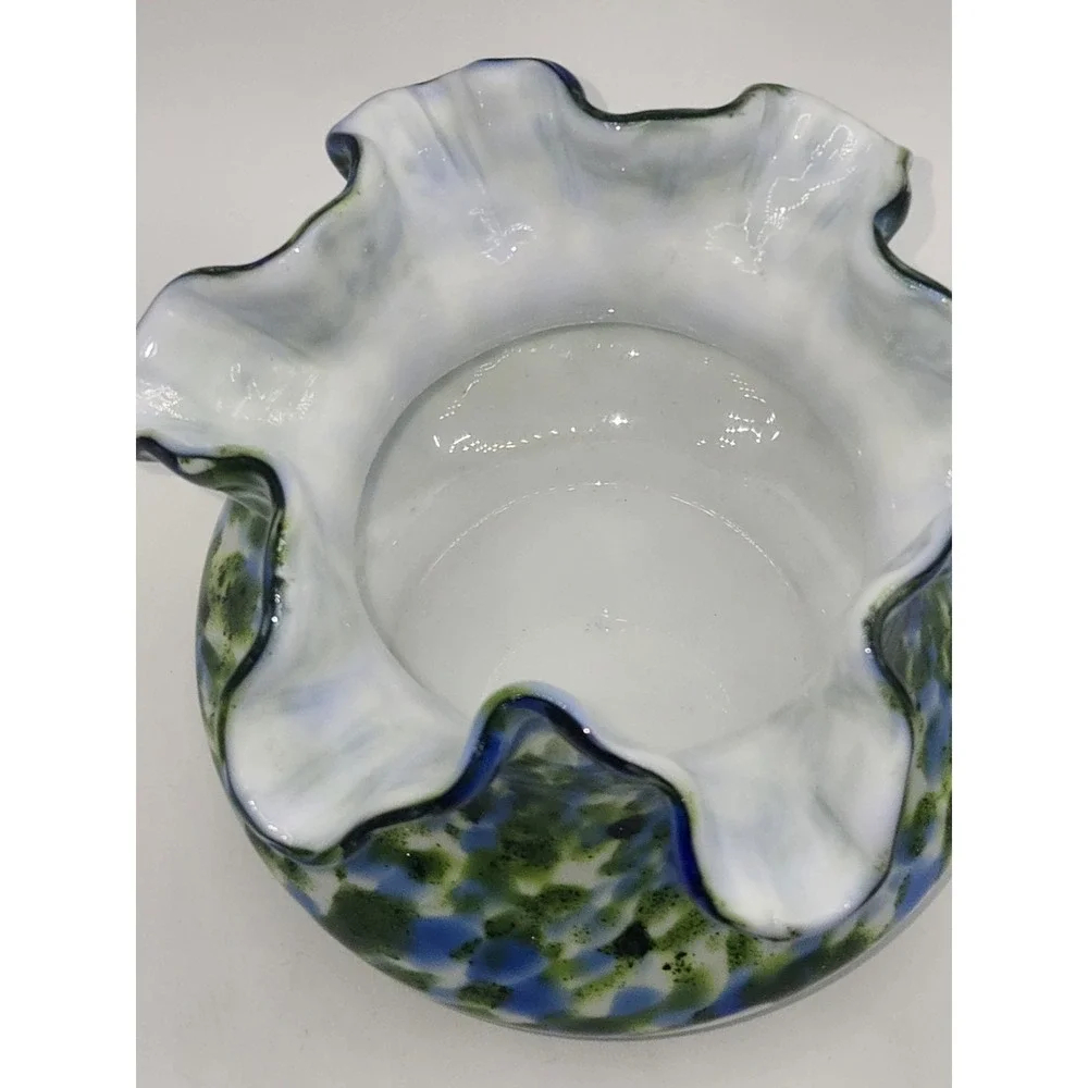 Fenton Glass Murrhina Art Glass Vase Blue Green Spatter Ruffled Rim